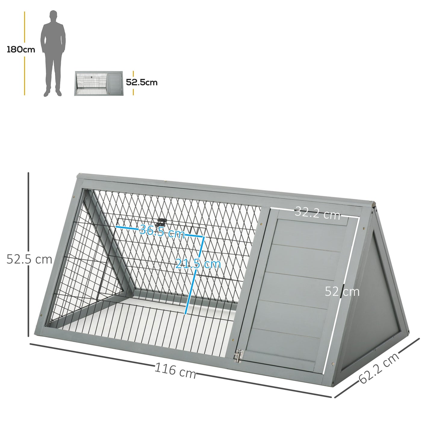 PawHut Wooden Rabbit Cage Small Animal Hutch w/ Outside Area - Grey