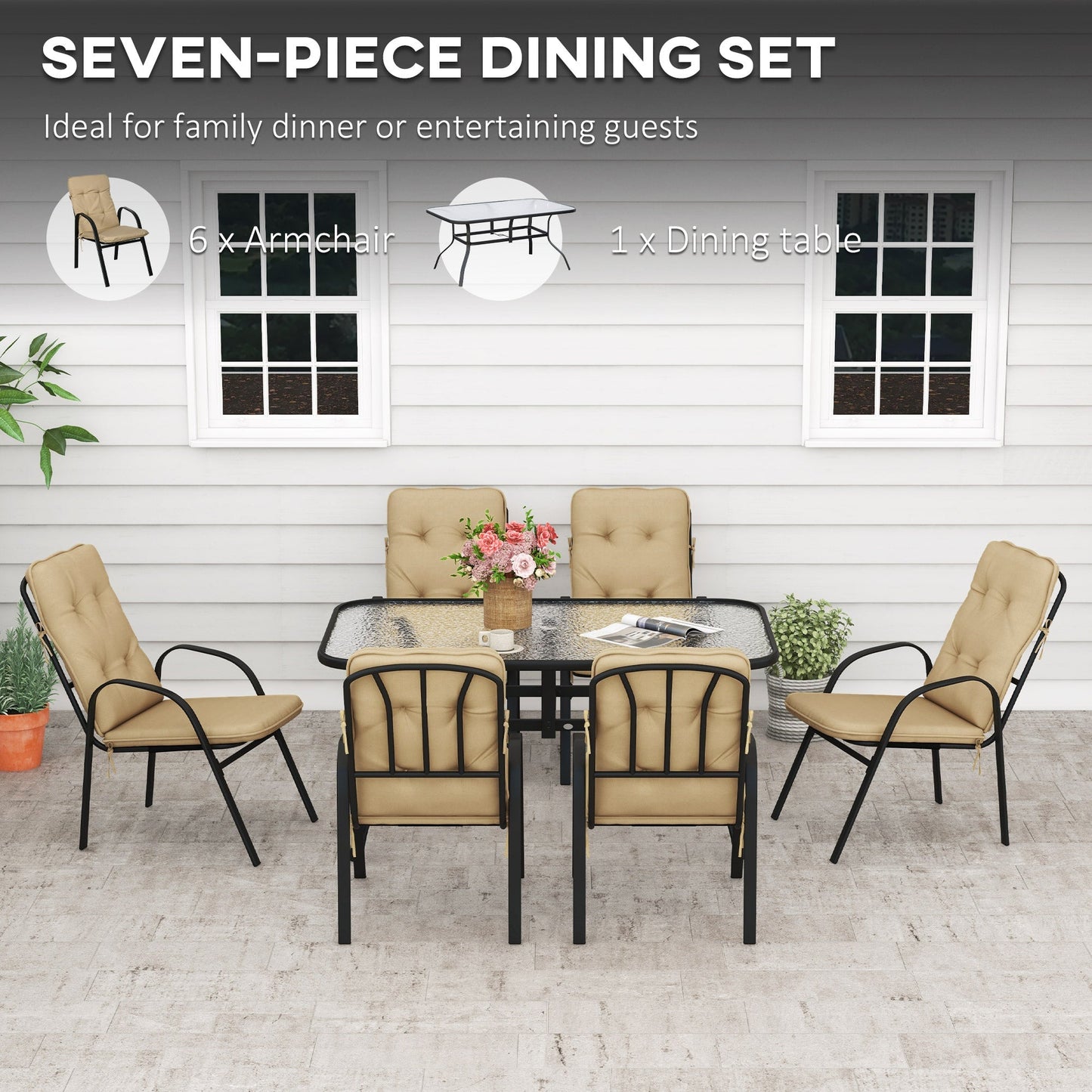 Outsunny 7 Piece Garden Dining Set, Outdoor Dining Table and 6 Cushioned Armchairs, Tempered Glass Top Table w/ Umbrella Hole, Texteline Seats, Beige