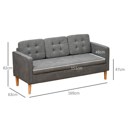 HOMCOM Nowoczesna 3-osobowa sofa z ukrytym schowkiem, 169 cm pikowana bawełniana kanapa z drewnianymi nogami, kompaktowa sofa do salonu, szara