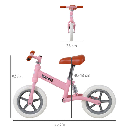 HOMCOM 12" Rowerek biegowy dla dzieci bez pedałów Rower z regulowanym siedzeniem i oponami EVA Rower treningowy dla maluchów z amortyzatorem 2-5 lat Prezent dla chłopców i dziewcząt Różowy