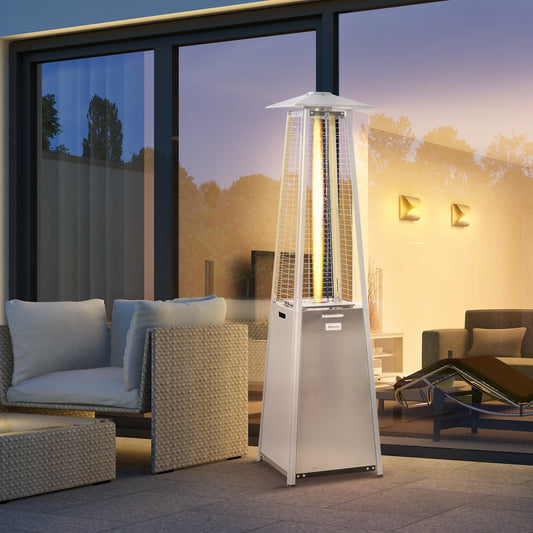 Outsunny 11,2 kW, zewnętrzny, tarasowy, gazowy, stal nierdzewna, piramida, propan, wolnostojący, wieżowy grzejnik ogrodowy z kółkami, osłoną przeciwpyłową, regulatorem i wężem, srebrny