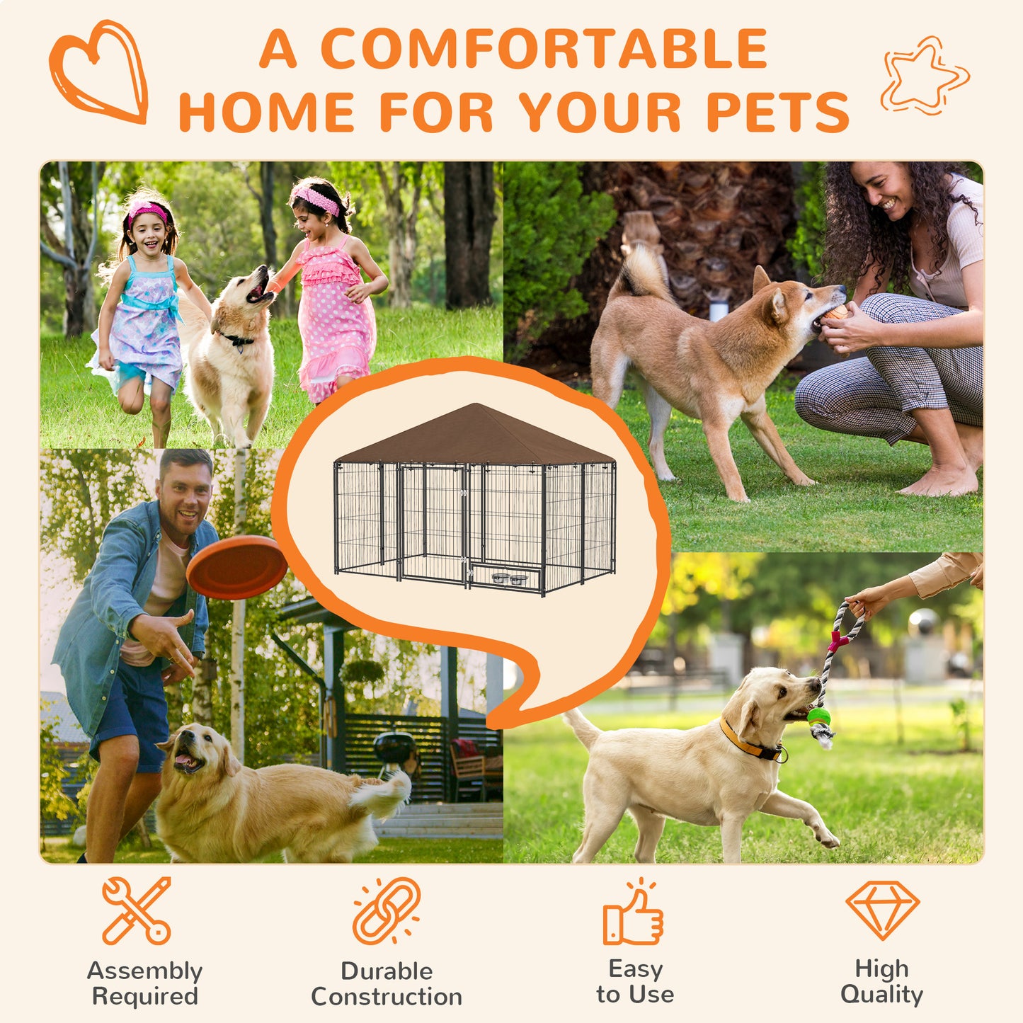 PawHut Outdoor Dog Kennel Puppy Play Pen z baldachimem Garden Playpen Fence Crate Enclosure Cage Rotating Bowl 211 x 141 x 151 cm