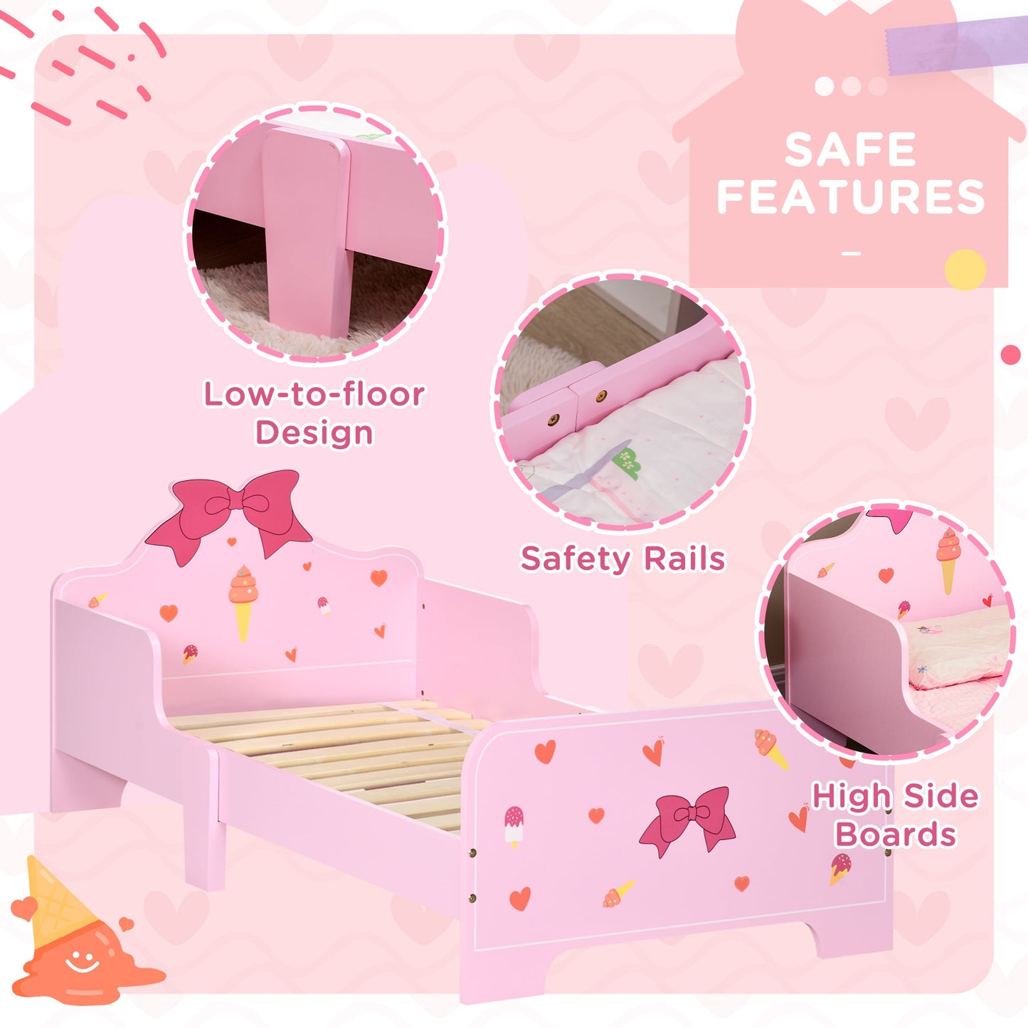 ZONEKIZ 4PCs Kids Bedroom Furniture Set with Bed, Toy Box Bench, Dressing Table and Stool, Princess Themed, for 3-6 Years Old, Pink