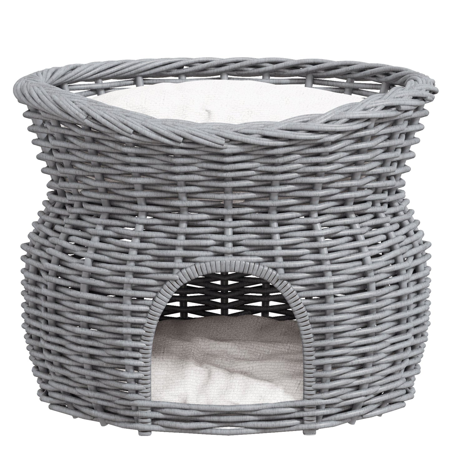 PawHut 2-Tier Wicker Cat House Elevated Pet Bed Basket Willow Kitten Tower Pet Den. Cozy Cave with Washable Cushions 56x37x40cm Grey