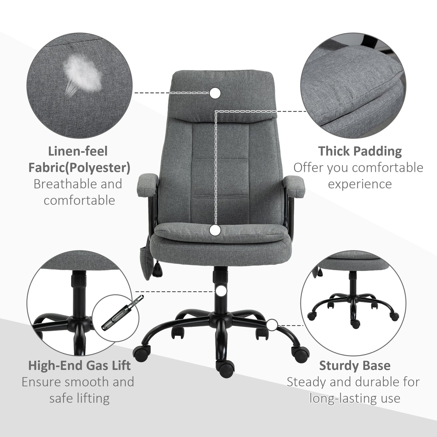 Vinsetto 2-Point Massage Office Chair Linen-Look Ergonomic Adjustable Height Rocking Comfortable Executive Seat, Grey