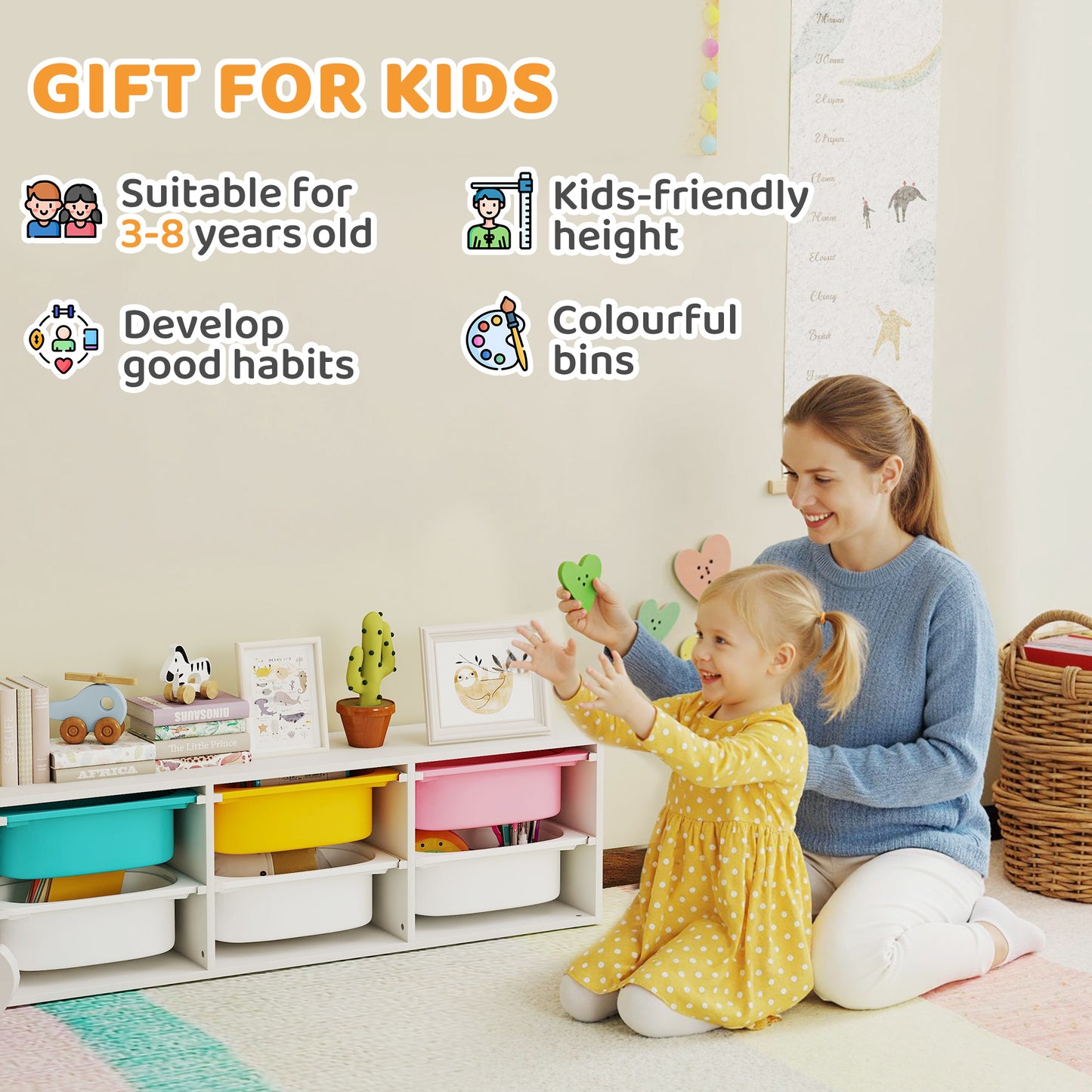 AIYAPLAY Low Height 2 Tiers Storage Organiser, Kids Toy Storage Unit with 6 Removable Bins for Bedroom, Nursery, Playroom