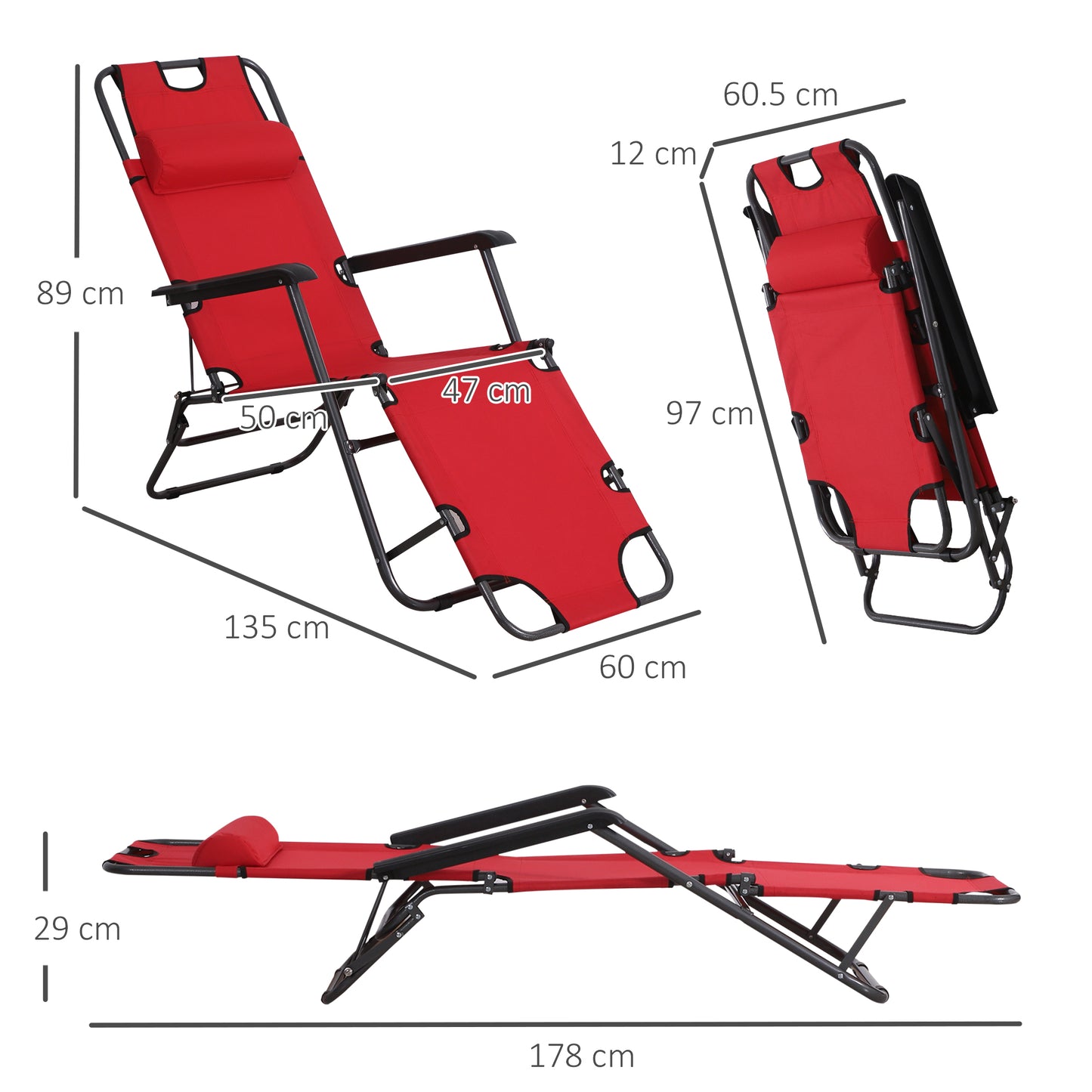 Outsunny 2 in 1 Sun Lounger Folding Reclining Chair Garden Outdoor Camping Adjustable Back with Pillow, Red