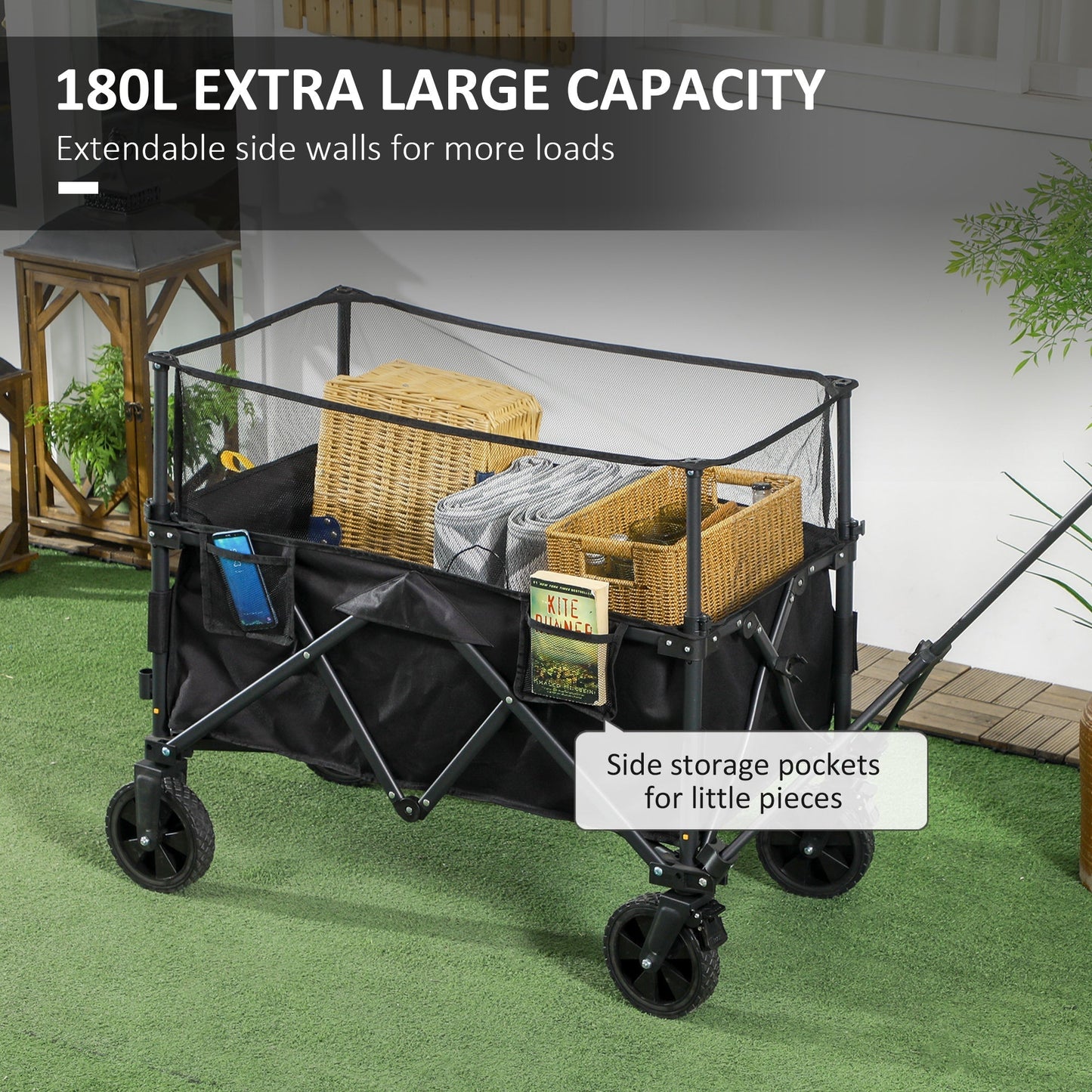 Outsunny Folding Garden Trolley, 180L Wagon Cart with Extendable Side Walls, for Beach, Camping, Festival, Black