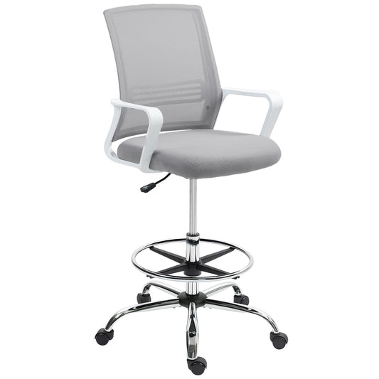 HOMCOM Draughtsman Chair, Mesh Drafting Chair, Ergonomic Office Chair with Lumbar Support, Adjustable Foot Ring, Grey