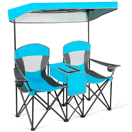 Double Folding Camping Chair with Canopy and Armrests-Blue