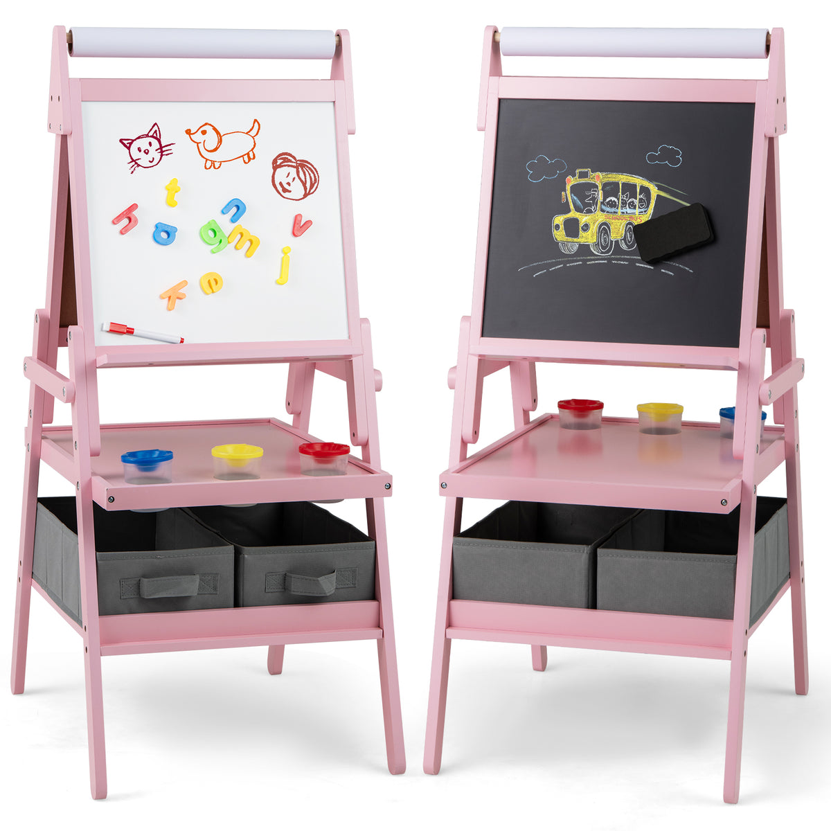 Double-sided Kids Easel with Magnetic Whiteboard and Chalkboard-Pink