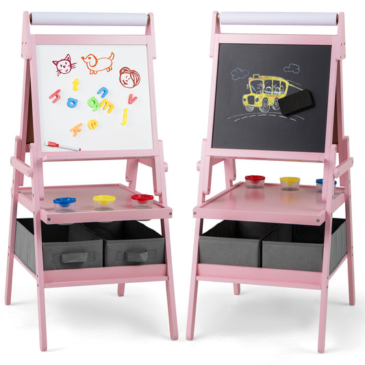 Double-sided Kids Easel with Magnetic Whiteboard and Chalkboard-Pink