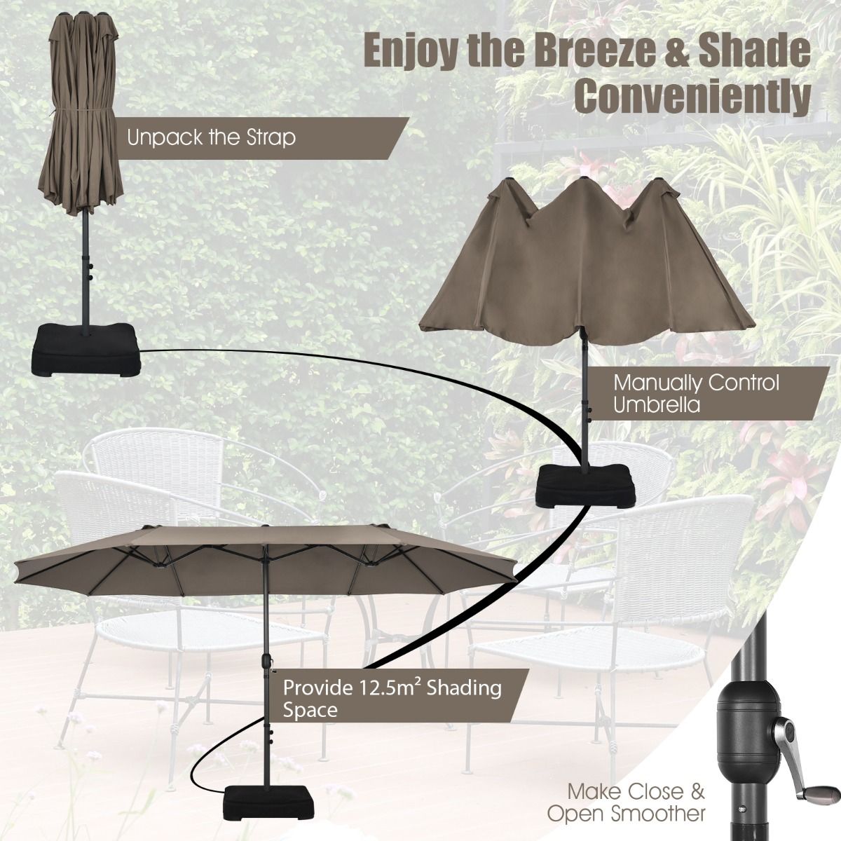 460cm Double-Sided Patio Umbrella with Hand-Crank System and Air Vents-Coffee