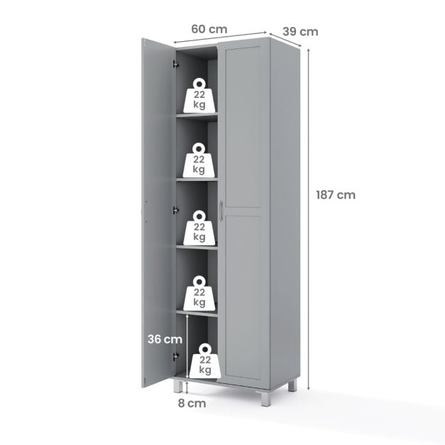 Double Door Tall Storage Cabinet with Adjustable Shelf and Anti-tilt Design-Grey