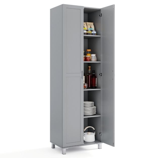 Double Door Tall Storage Cabinet with Adjustable Shelf and Anti-tilt Design-Grey