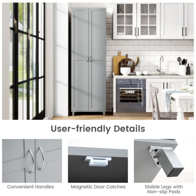 Double Door Tall Storage Cabinet with Adjustable Shelf and Anti-tilt Design-Grey