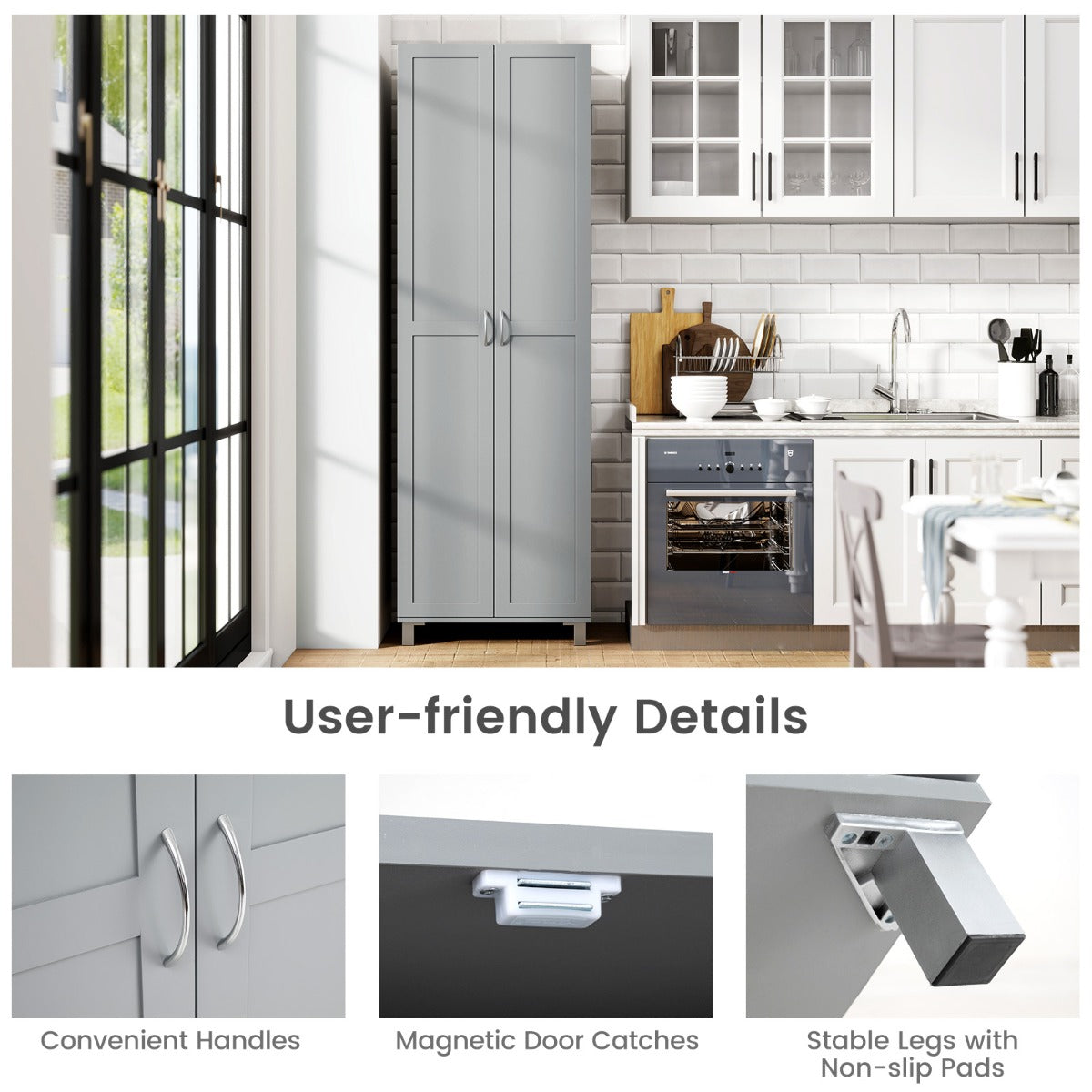 Double Door Tall Storage Cabinet with Adjustable Shelf and Anti-tilt Design-Grey