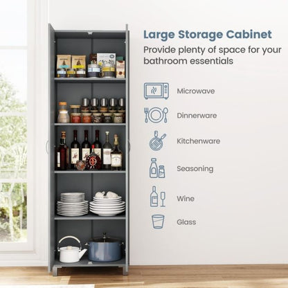 Double Door Tall Storage Cabinet with Adjustable Shelf and Anti-tilt Design-Grey