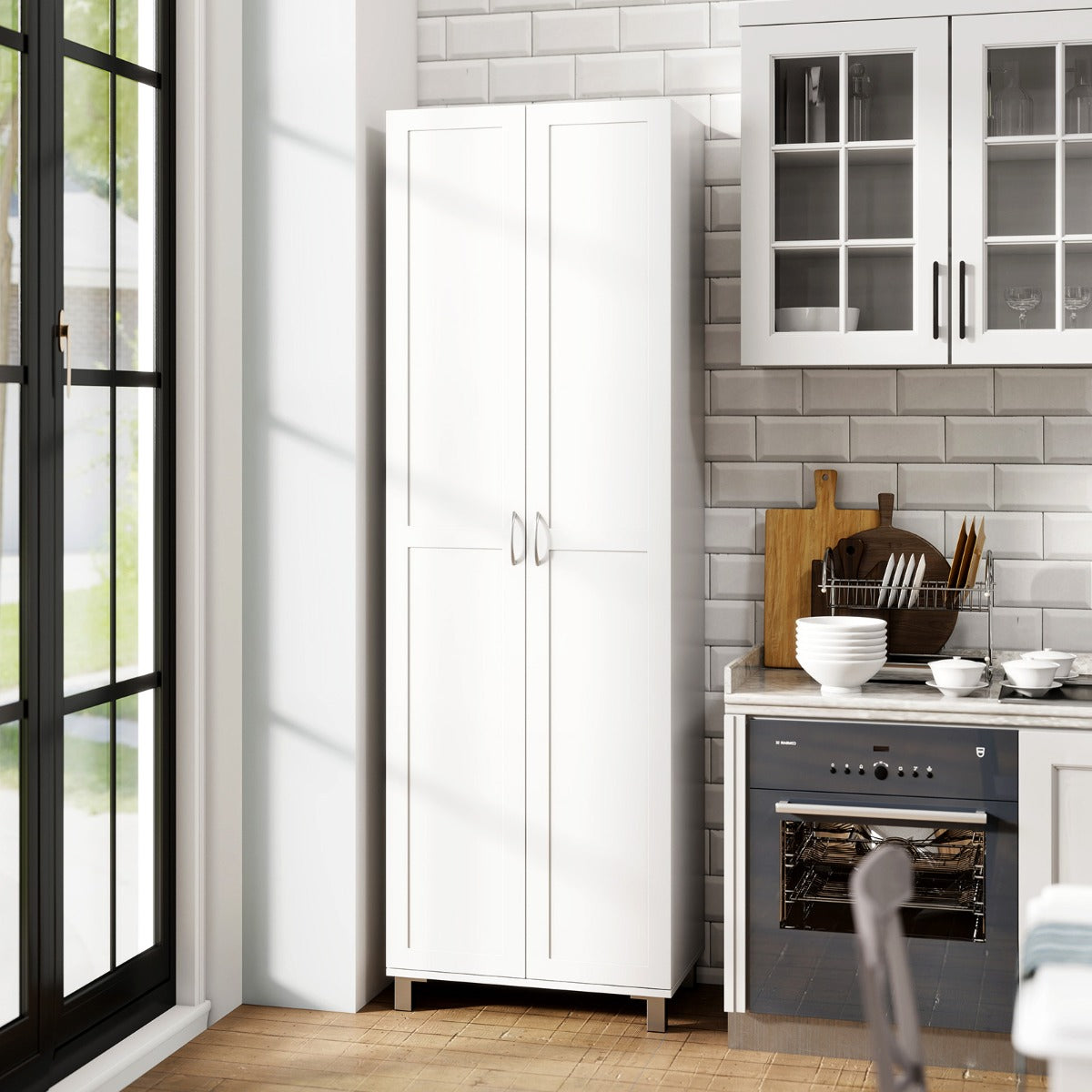Double Door Tall Storage Cabinet with Adjustable Shelf and Anti-tilt Design-White