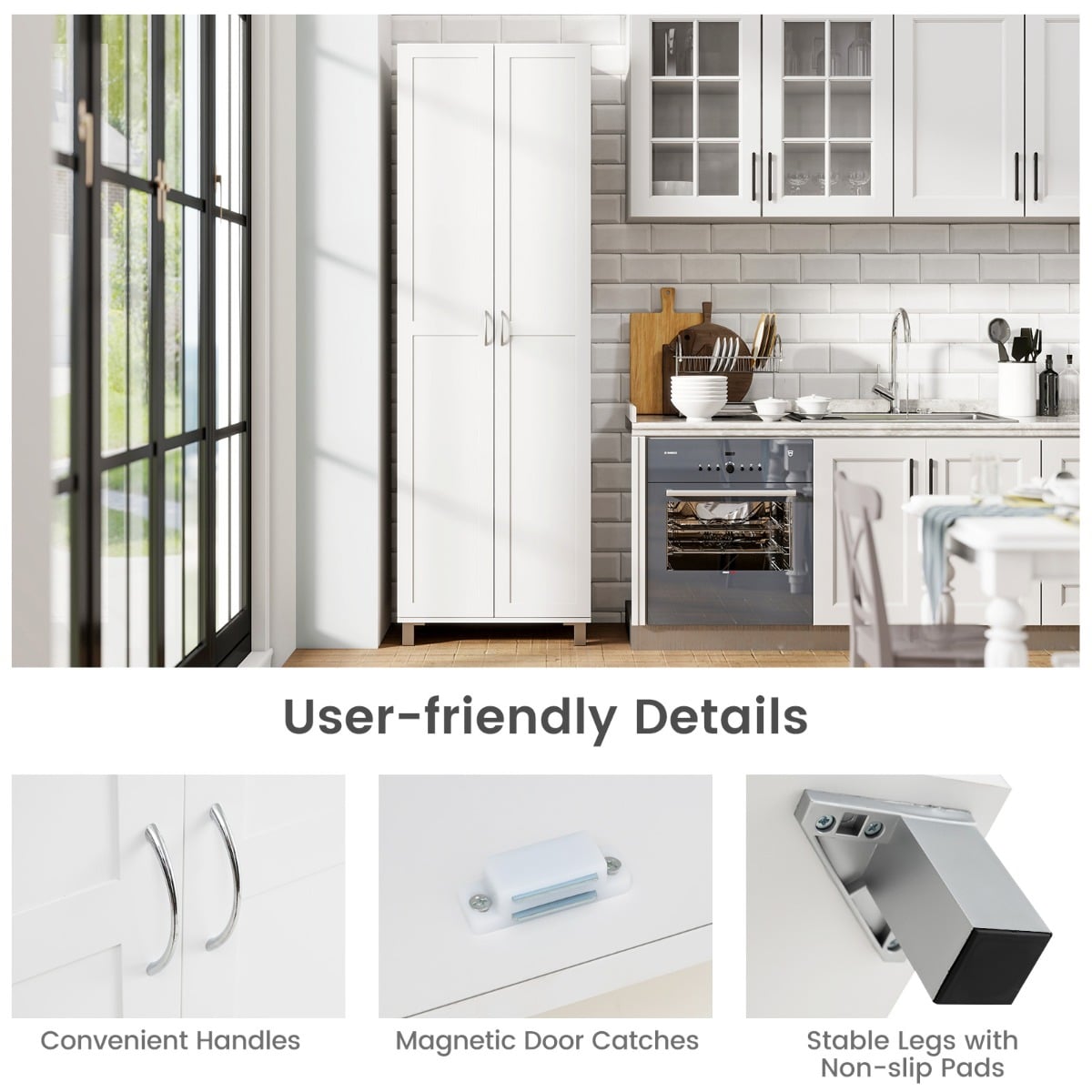 Double Door Tall Storage Cabinet with Adjustable Shelf and Anti-tilt Design-White