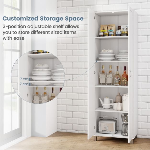 Double Door Tall Storage Cabinet with Adjustable Shelf and Anti-tilt Design-White