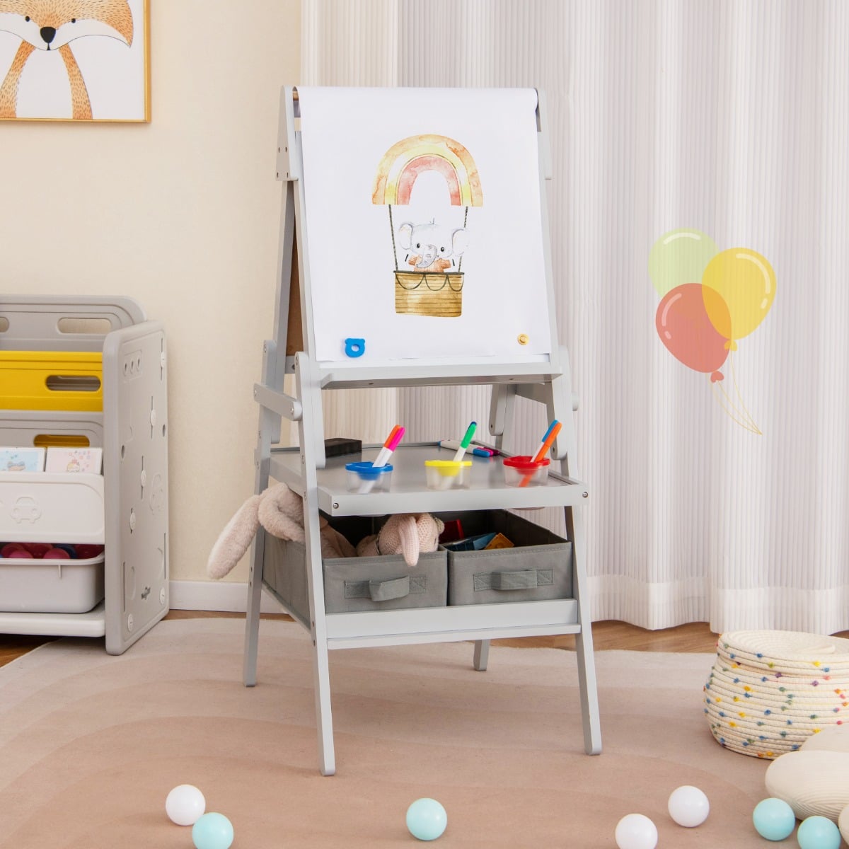 Double-sided Kids Easel with Magnetic Whiteboard and Chalkboard-Grey