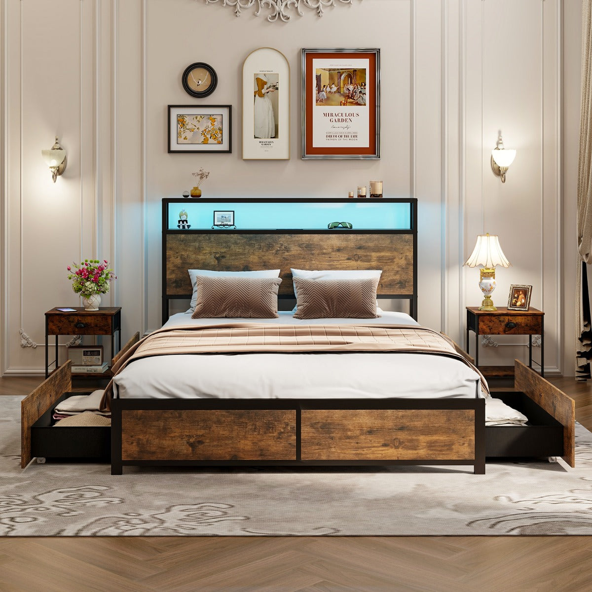 Double/King Size Bed Frame with LED Lights Headboard-Double Size