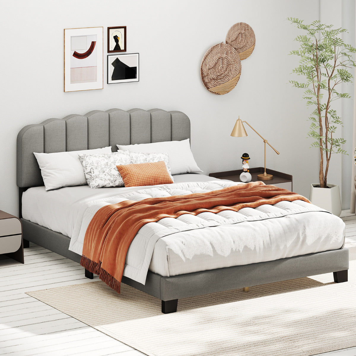 Double Size Linen Upholstered Platform Bed with Adjustable Scalloped Tufted Headboard-Double Size-Grey