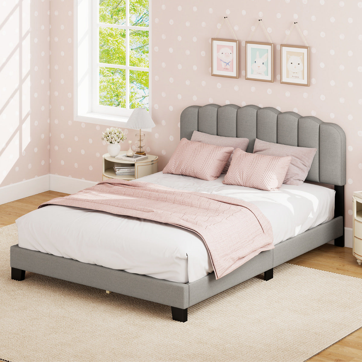 Double Size Linen Upholstered Platform Bed with Adjustable Scalloped Tufted Headboard-Double Size-Grey