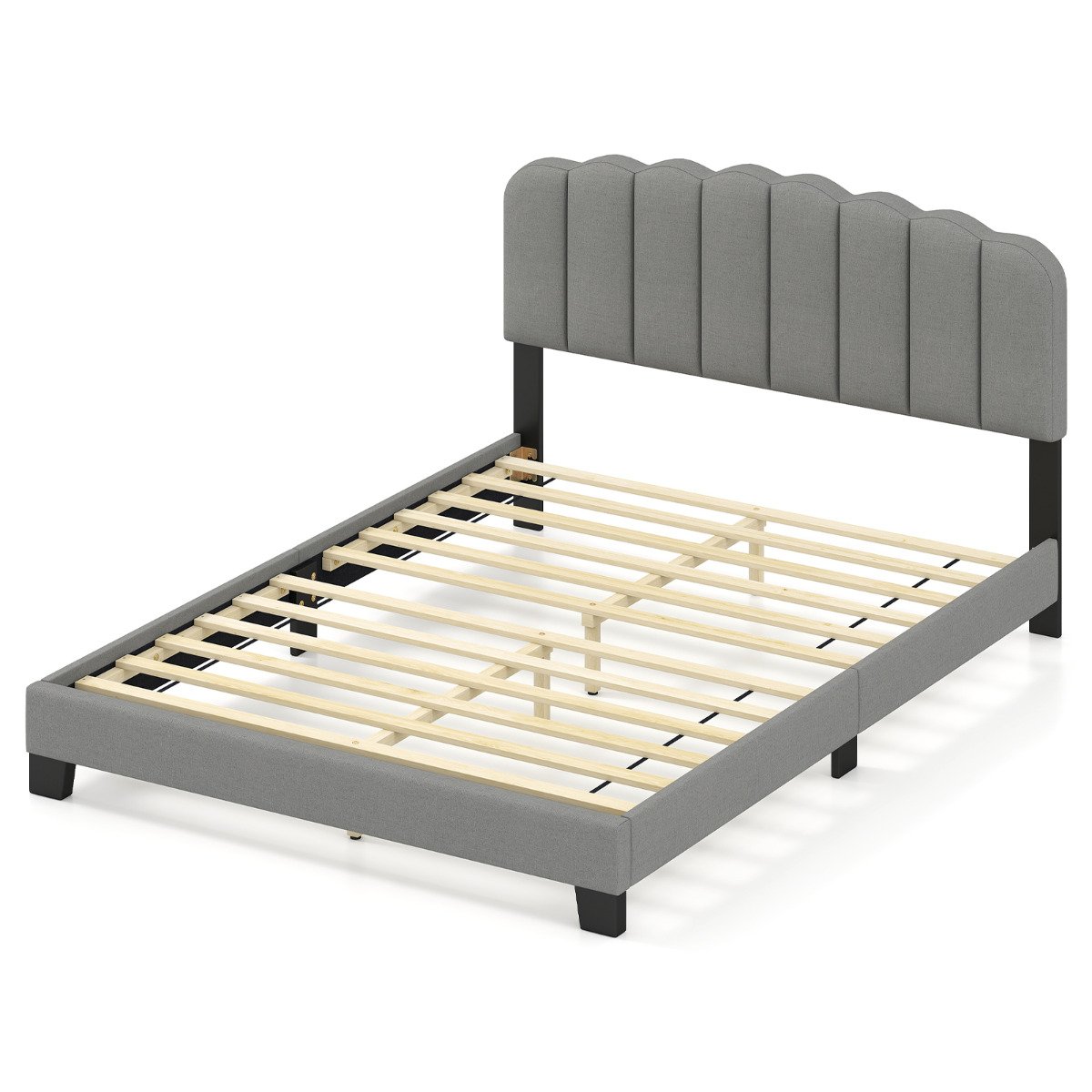 Double Size Linen Upholstered Platform Bed with Adjustable Scalloped Tufted Headboard-Double Size-Grey