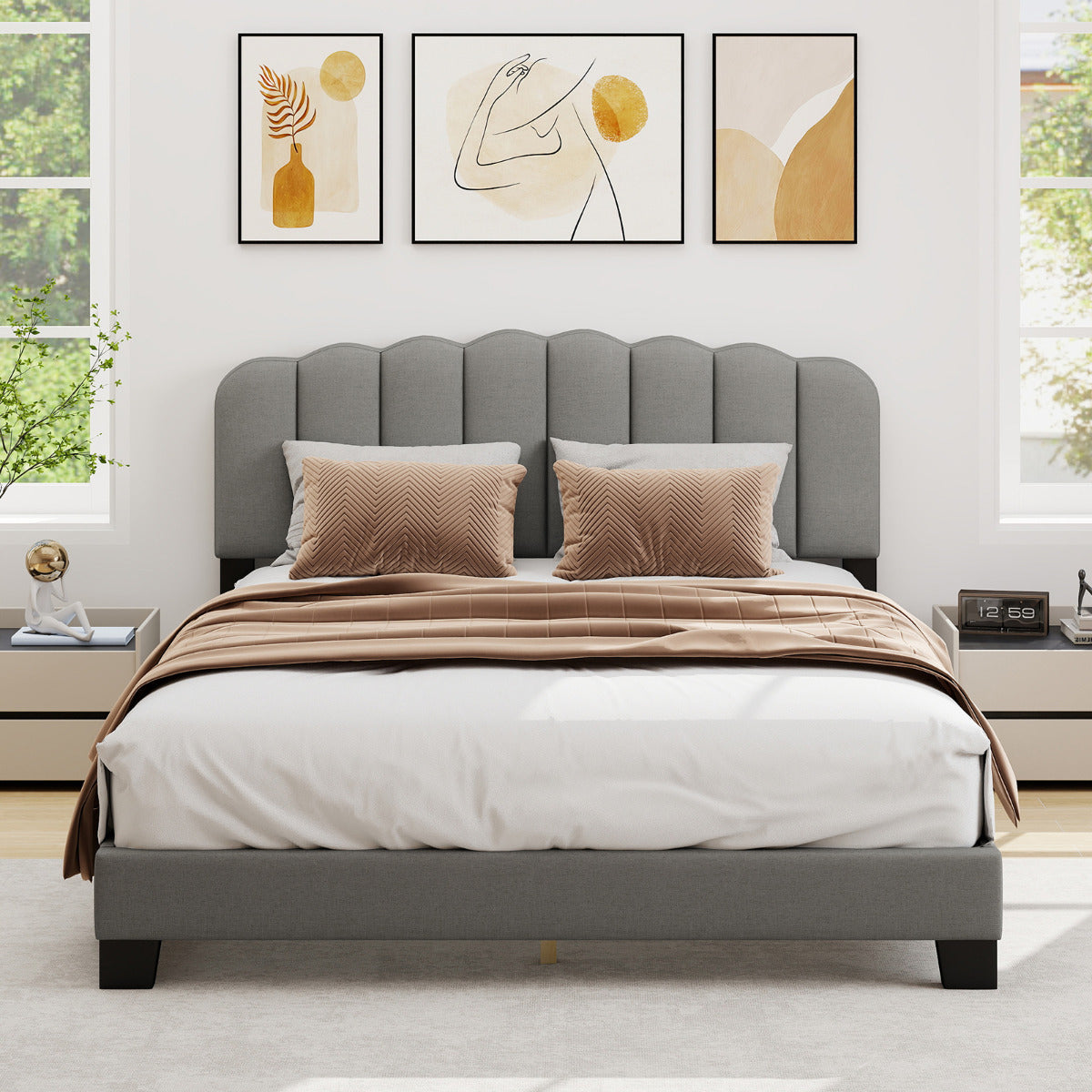 Double Size Linen Upholstered Platform Bed with Adjustable Scalloped Tufted Headboard-Double Size-Grey