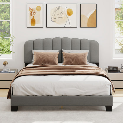 Double Size Linen Upholstered Platform Bed with Adjustable Scalloped Tufted Headboard-Double Size-Grey