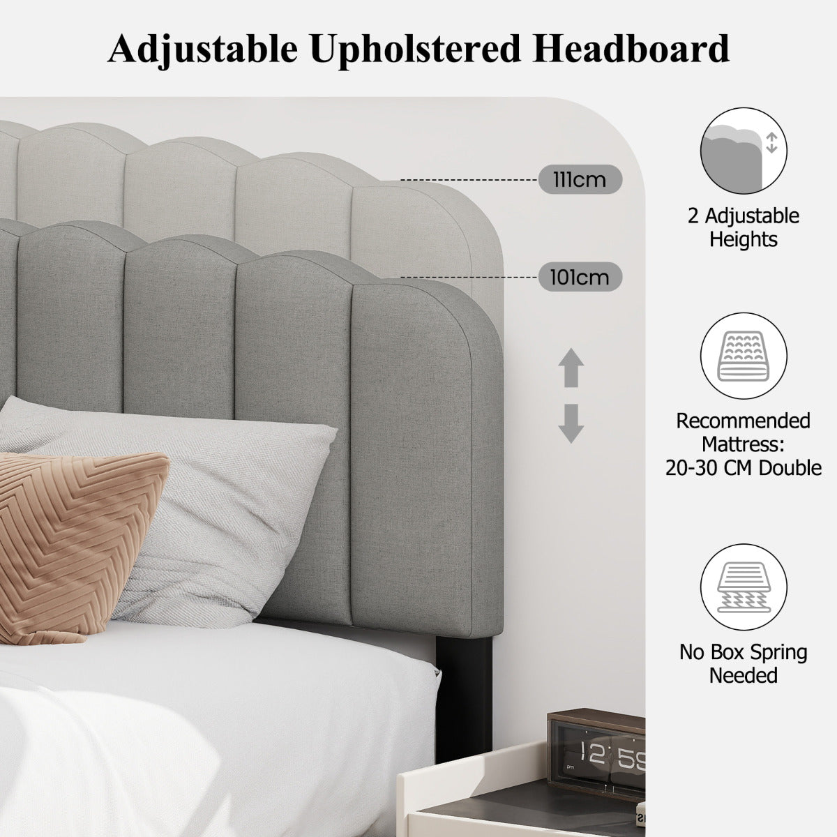 Double Size Linen Upholstered Platform Bed with Adjustable Scalloped Tufted Headboard-Double Size-Grey