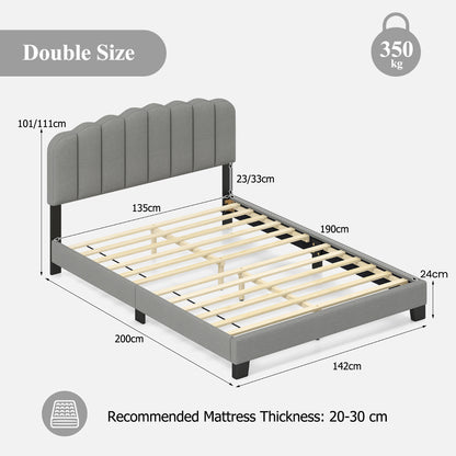 Double Size Linen Upholstered Platform Bed with Adjustable Scalloped Tufted Headboard-Double Size-Grey