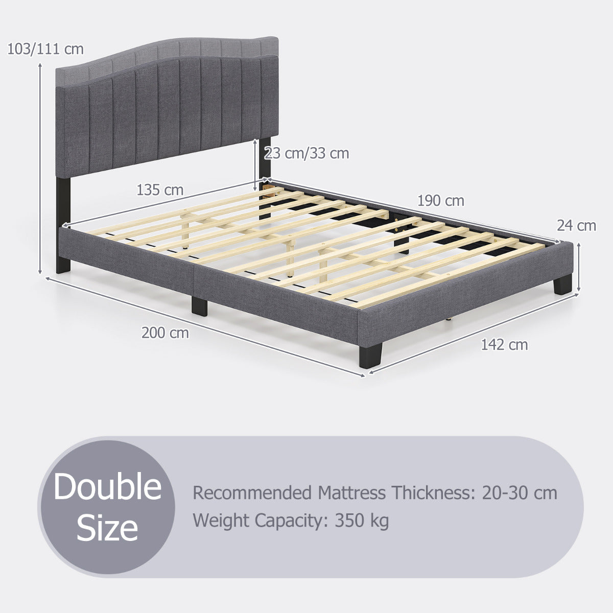 Modern Upholstered Bed Frame with Headboard and Wooden Slat Support-Double Size