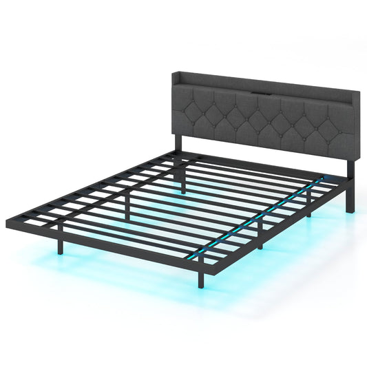 Double/King Size Floating Bed Frame with Adjustable Headboard and Charging Station-Grey-King Size