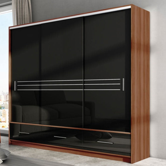 Wiltshire 250cm Large Sliding Door Wardrobe with Mirror Walnut with 3 Drawers - White Gloss and Black Gloss