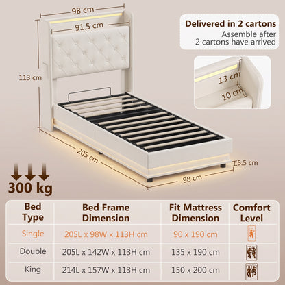 HOMCOM 3ft Single Bed Frame with Headboard, Platform Bed Frame with Hydraulic Storage, LED Lights and Charging Station, White