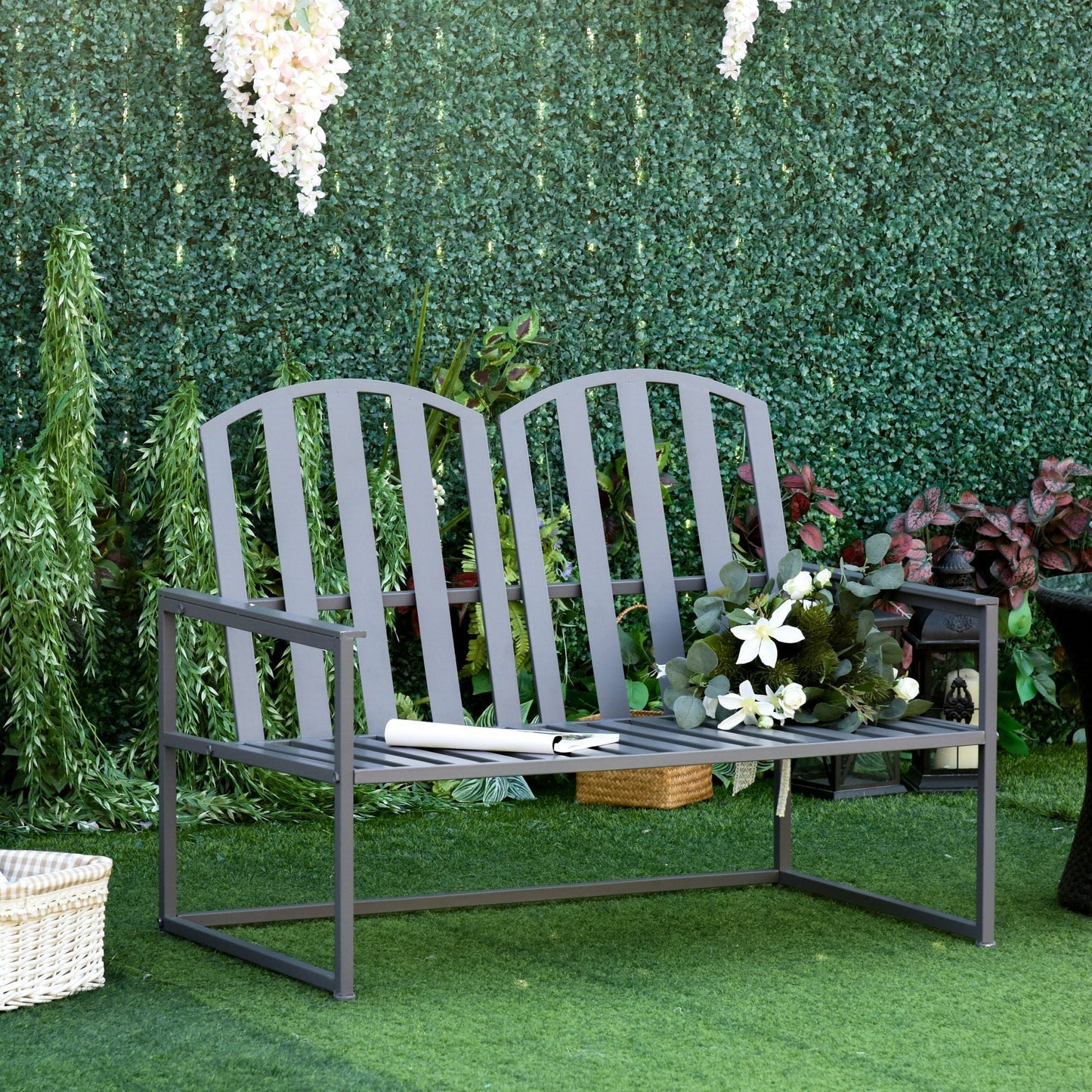 كرسي Outsunny Garden Bench Loveseat بمقعدين للحديقة الخارجية، ساحة، إطار فولاذي، تصميم شرائحي زخرفي، رمادي