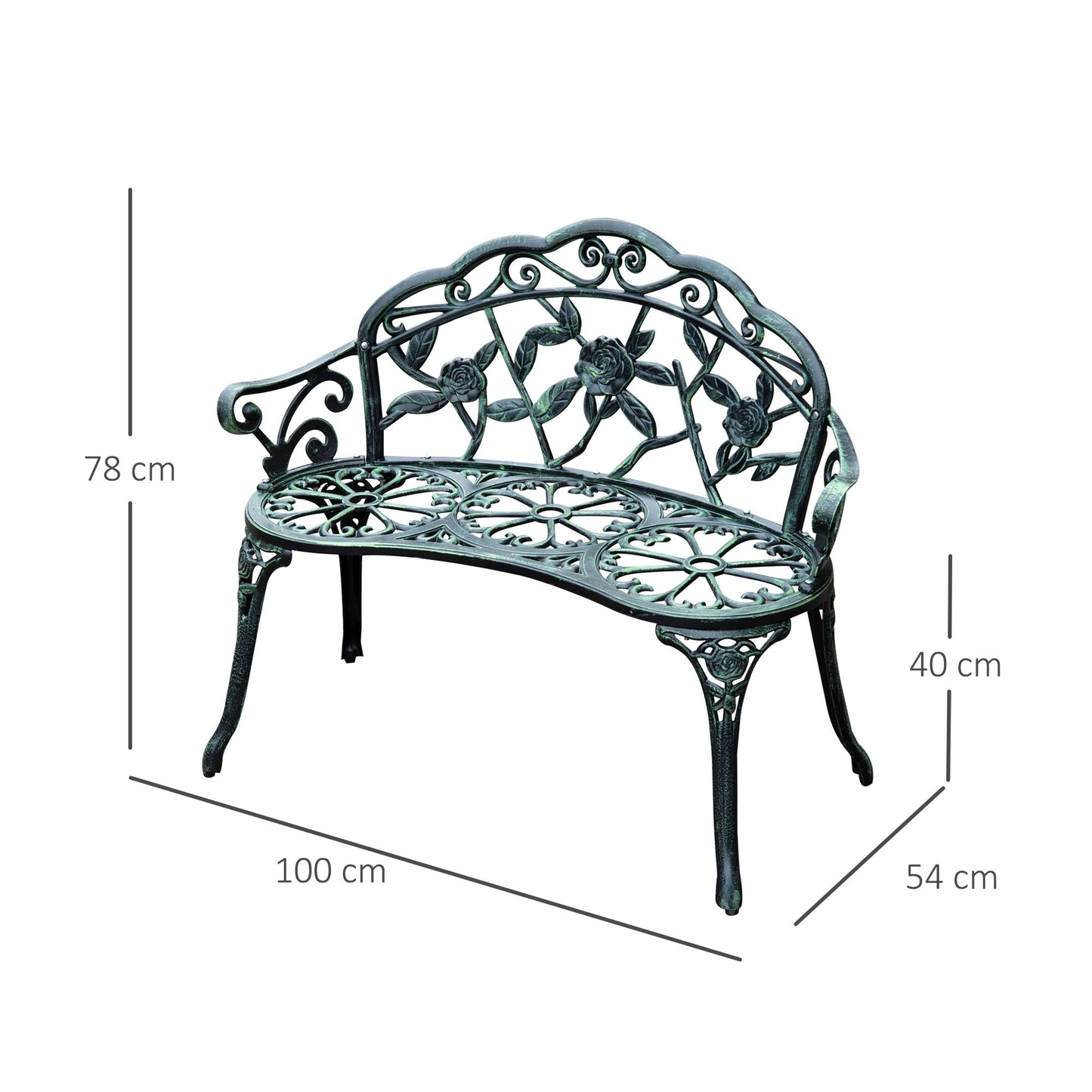 Outsunny Cast Aluminium Outdoor Garden Patio Antique Rose Style Bench Porch Park Chair Seat - أخضر