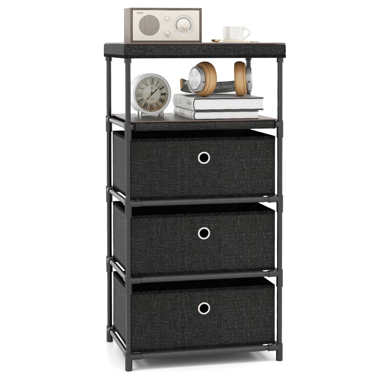 Dresser with 3 Drawers with Wood Top and Metal Frame-Black