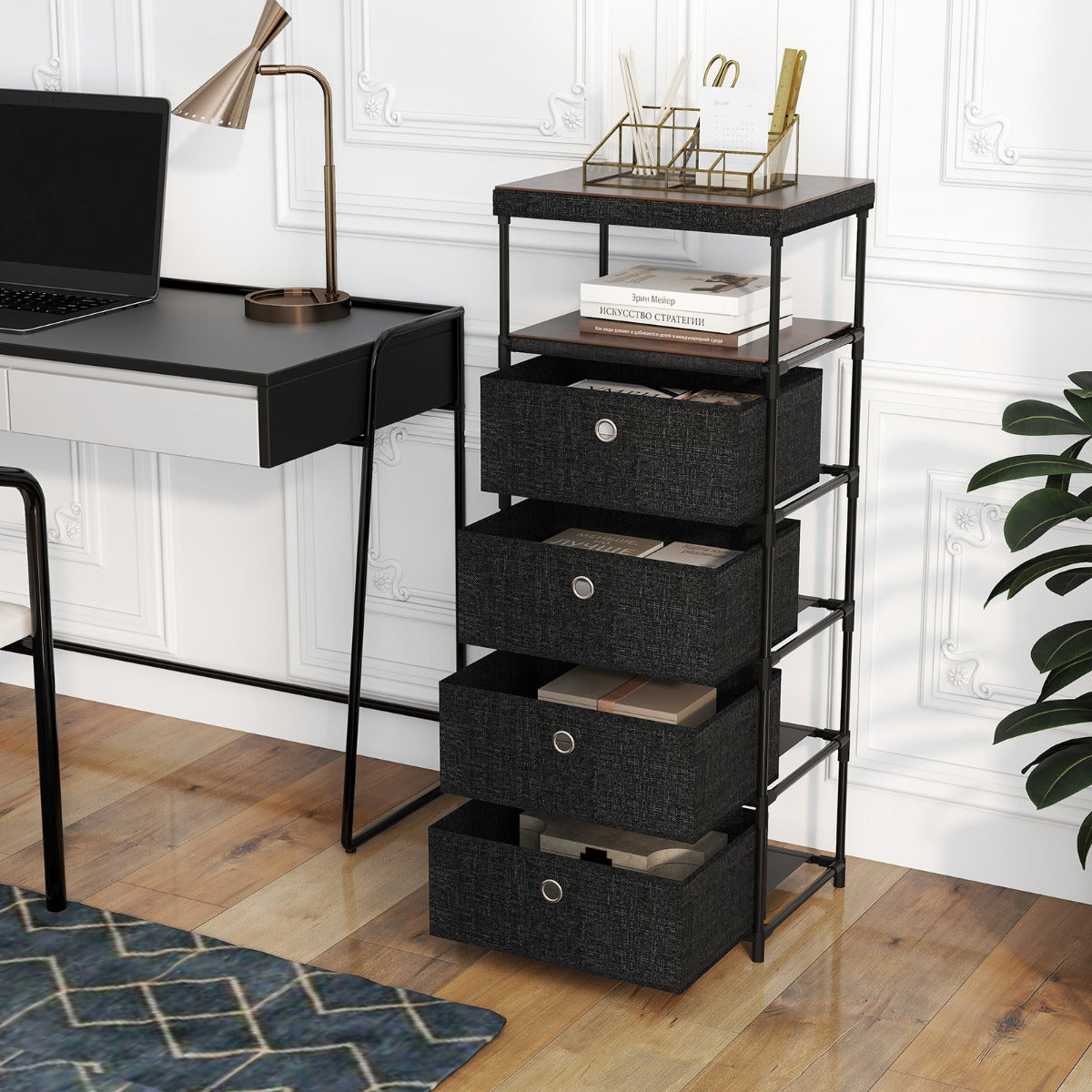 Dresser with 4 Drawer Wood Top and Metal Frame-Black