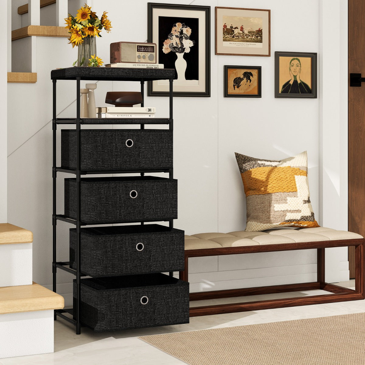 Dresser with 4 Drawer Wood Top and Metal Frame-Black