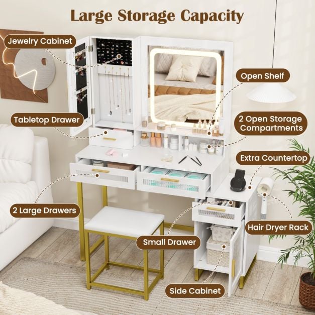 Dressing Table and Chair Set with 3 Lighting Modes and Adjustable Brightness-White