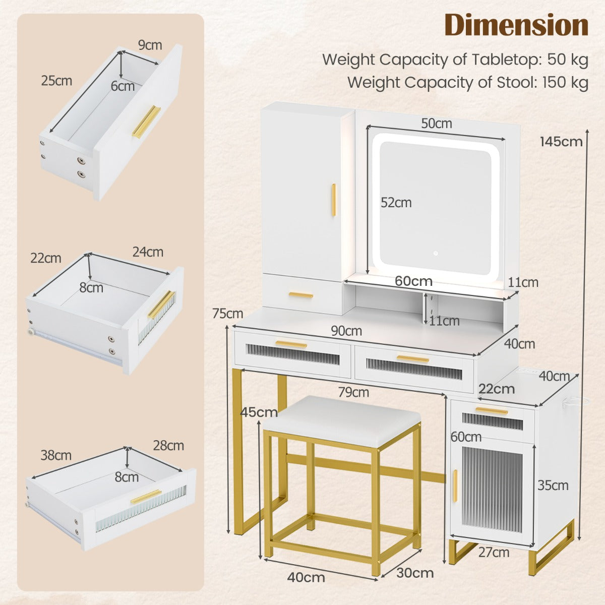 Dressing Table and Chair Set with 3 Lighting Modes and Adjustable Brightness-White