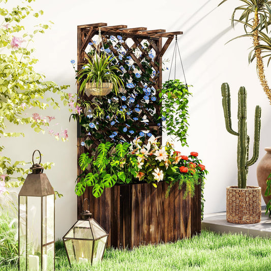 Outsunny Wooden Planter with Trellis, Freestanding Raised Garden Bed with Drainage Holes, Outdoor Planter Box with Liner for Vegetables, Herbs and Flowers, Carbonised