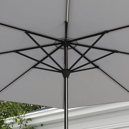 Outsunny Garden Parasol with LED Lights, Solar Charged Patio Umbrella with Crank Handle, for Outdoor, Light Grey