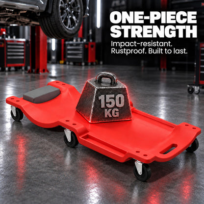 HOMCOM Low Profile Rolling Shop Creeper, Padded Headrest, Dual Tool Trays, 6 Swivel Casters, 150 kg, Red