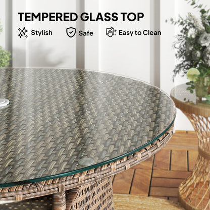 Outsunny Wicker Garden Rattan Table, Patio Furniture Outdoor Coffee Table with Umbrella Hole and Tempered Glass Top, Brown