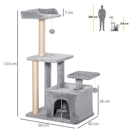 PawHut Cat Tree Tower for Indoor Cats 114cm Climbing Activity Centre Kitten with Sisal Scratching Post Perch Hanging Ball Condo Toy Light Grey